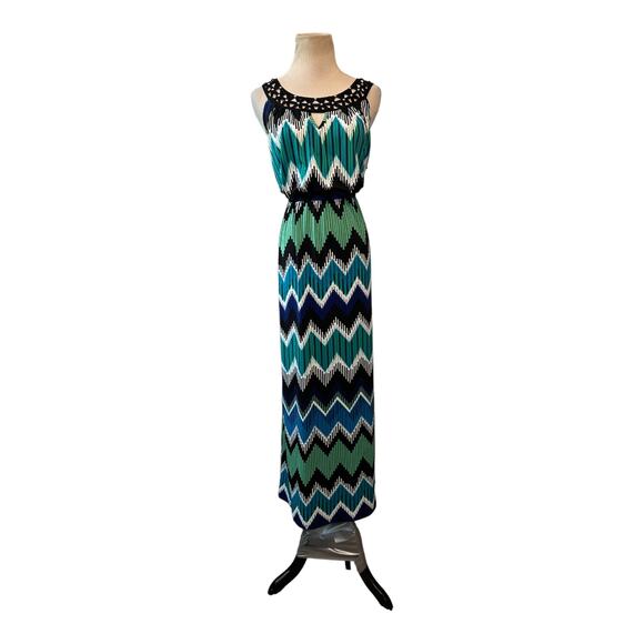 AB Studio blue green zig zag print sleeveless maxi dress size Small - Picture 10 of 11